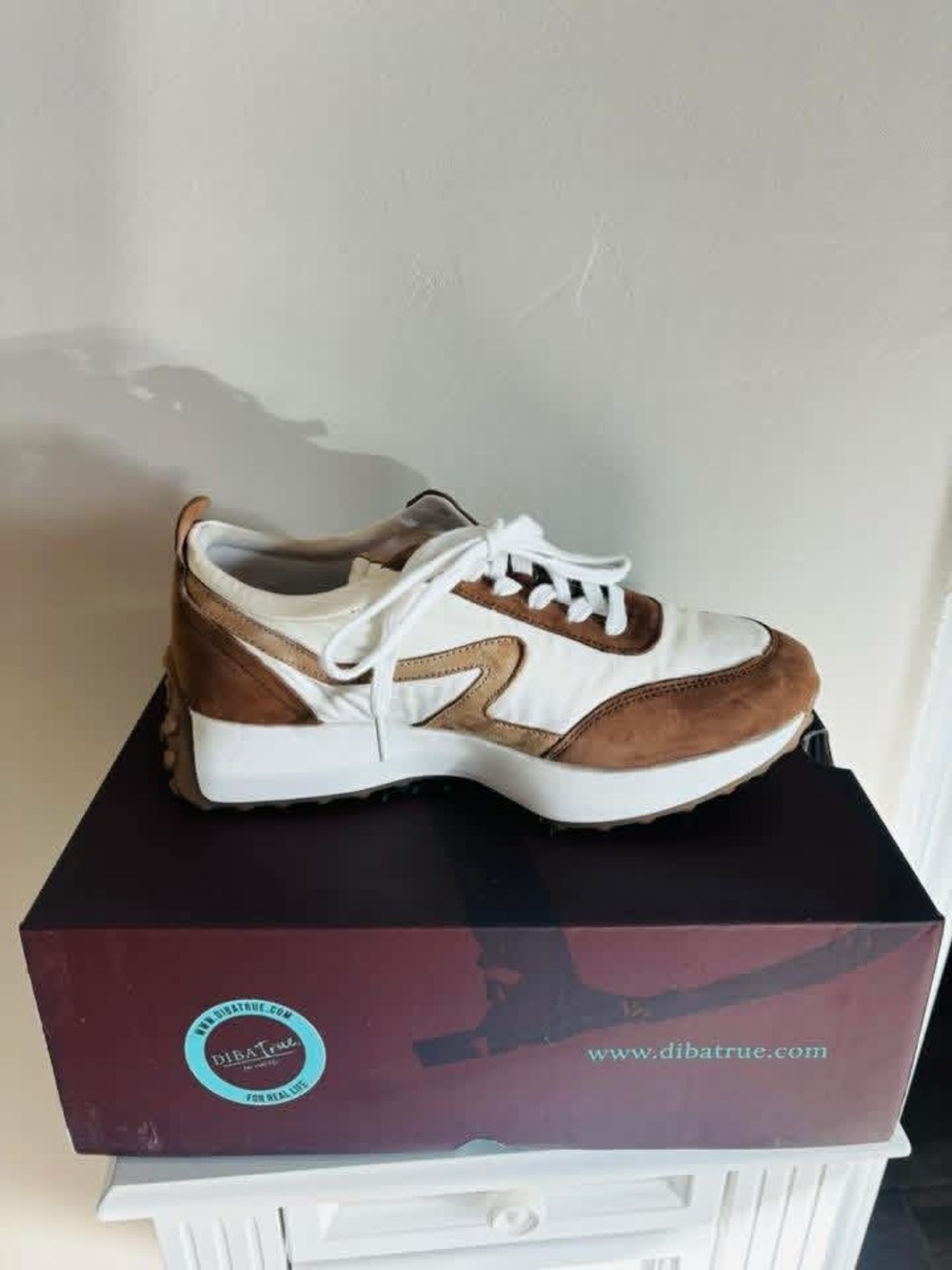 Women’s White and Brown Leather-Trim Sneakers - Picture 1 of 2